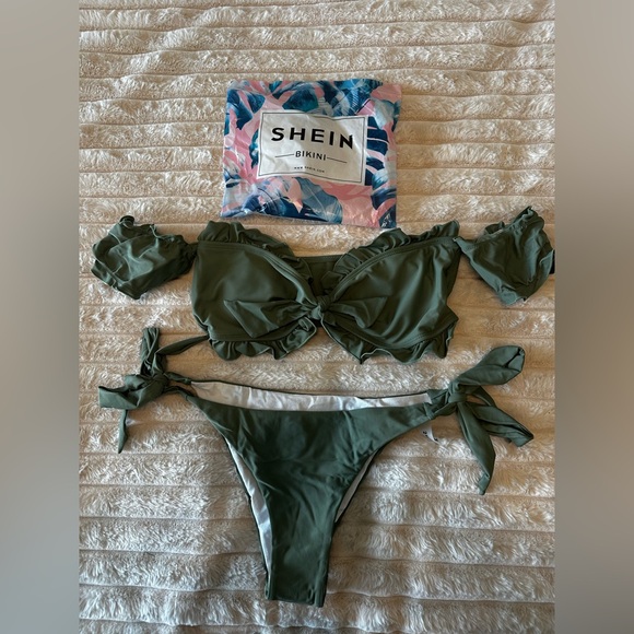 SHEIN Other - SHEIN New Sage Olive Green Ruffled Tie Bikini Set Off Shoulder
